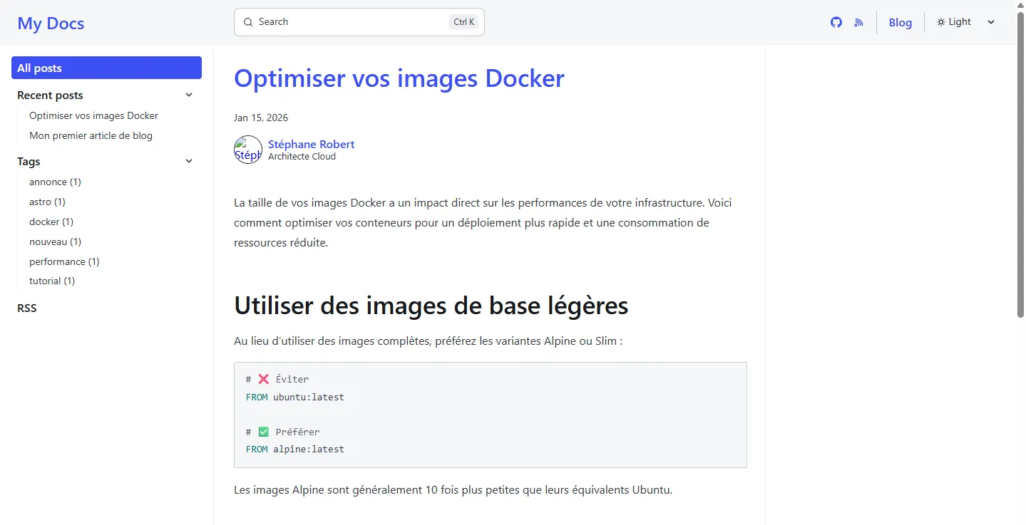 Capture d'écran du blog avec le premier article