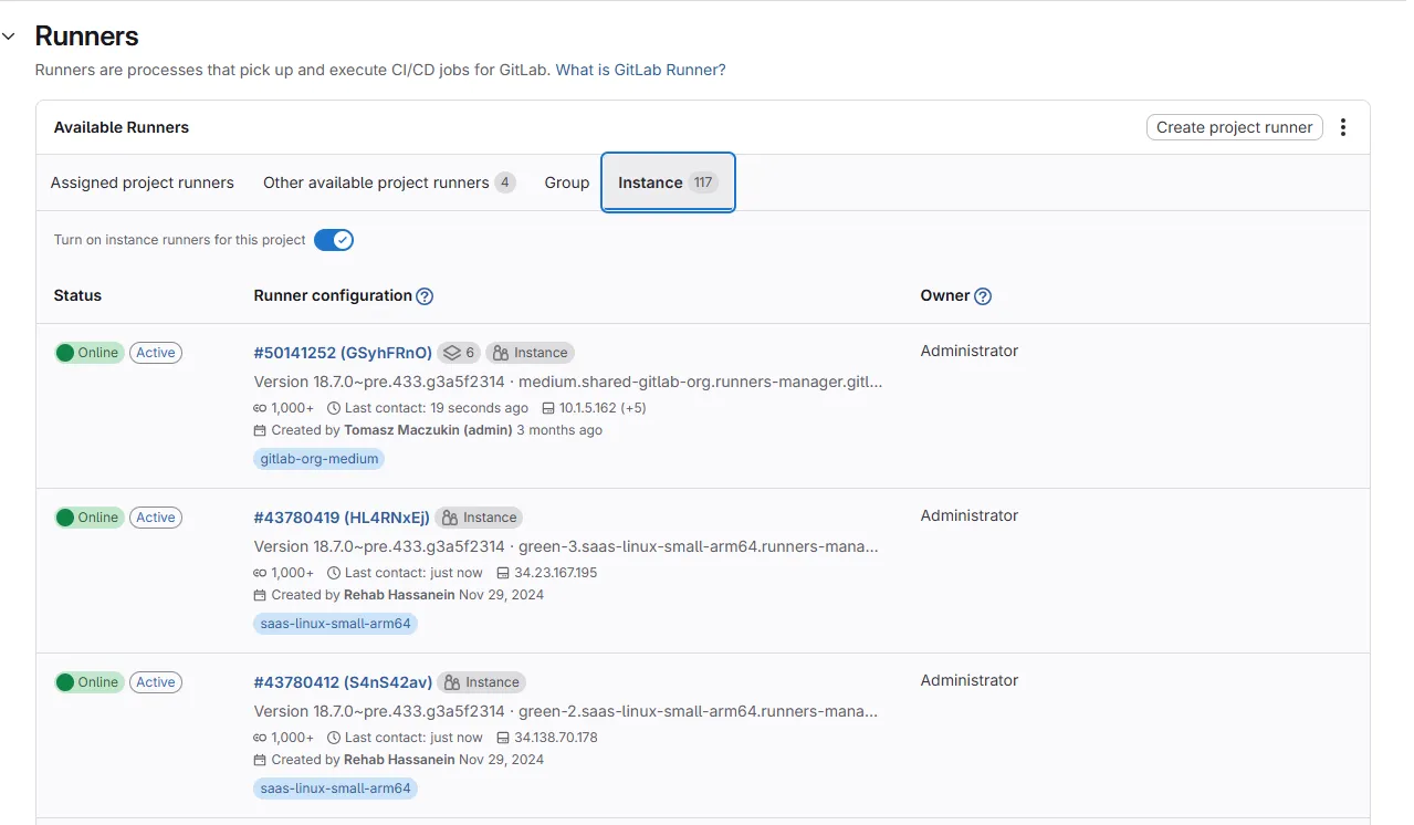 Runners disponibles dans GitLab - Settings > CI/CD > Runners