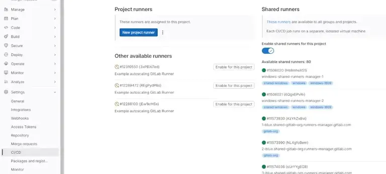 Liste des runners dans l'interface GitLab CI/CD Settings
