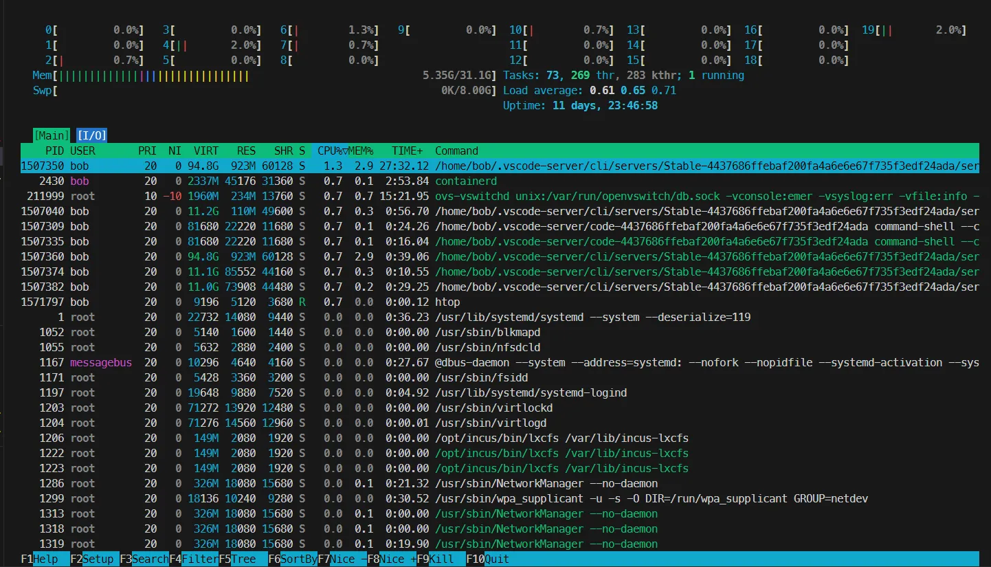 Interface htop avec les trois zones : métriques, processus et actions