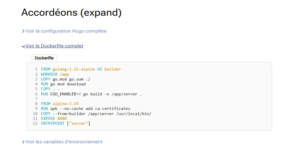 Accordéon fermé et ouvert avec le shortcode expand de Relearn