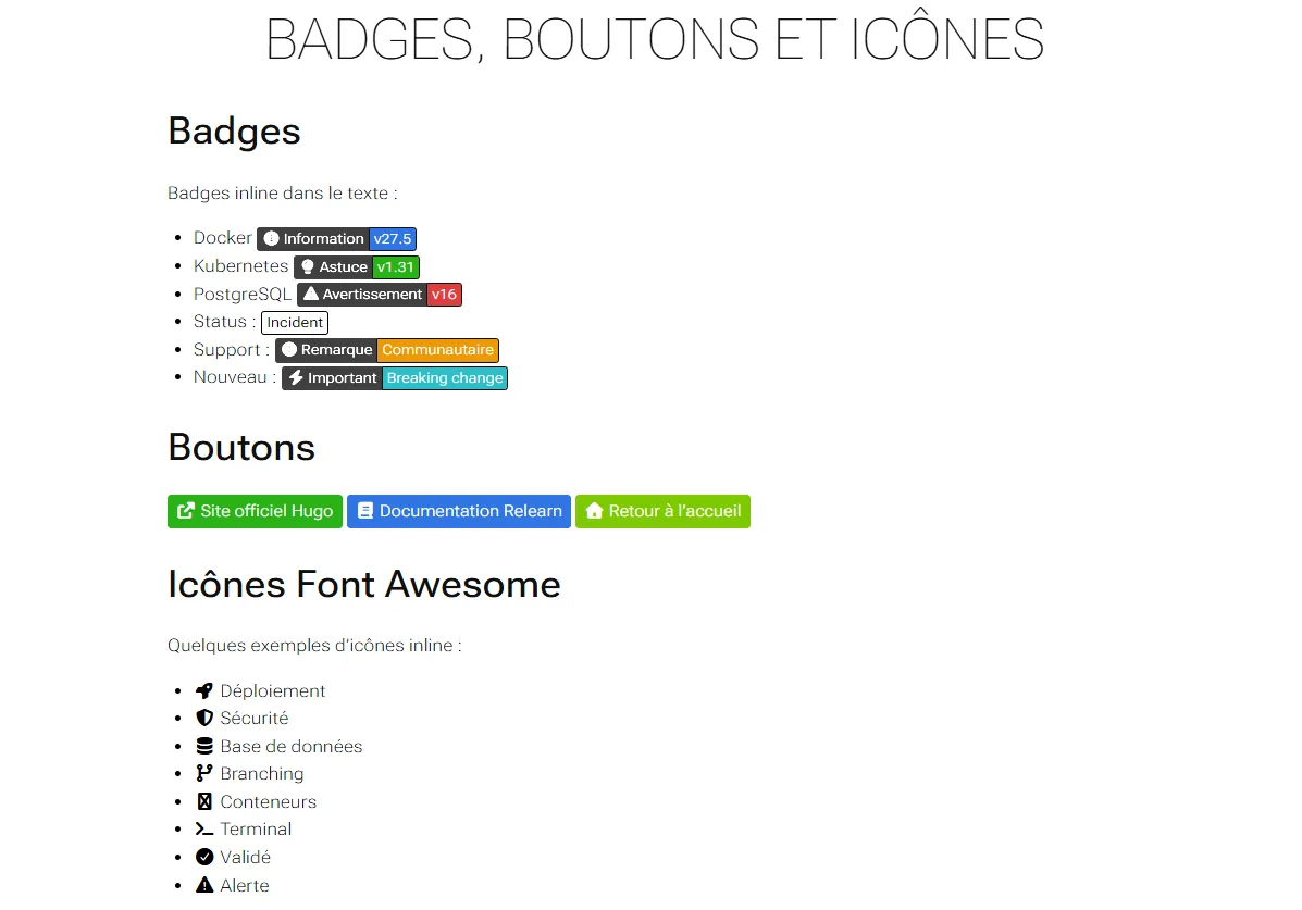 Badges de version, boutons avec icônes et icônes Font Awesome inline dans Relearn