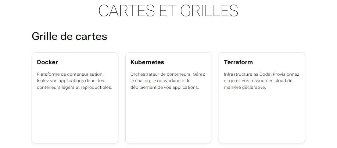 Grille de cartes cliquables avec icônes Docker, Kubernetes et Terraform