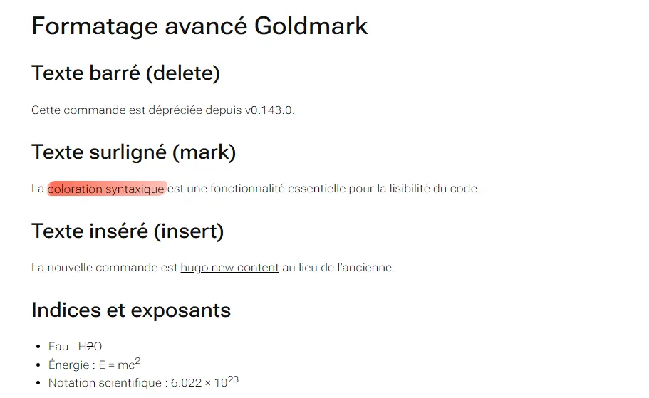 Formatage avancé Goldmark : texte barré, surligné, inséré, indices et exposants