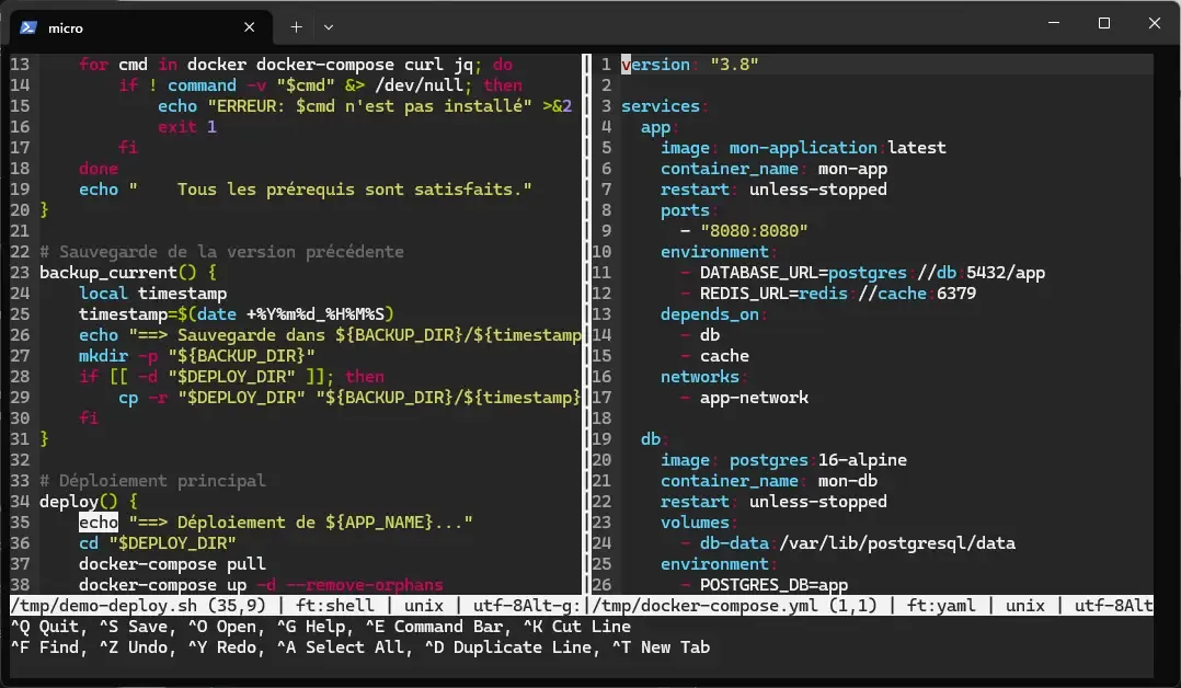 Deux fichiers ouverts côte à côte en split vertical : script bash à gauche et docker-compose.yml à droite