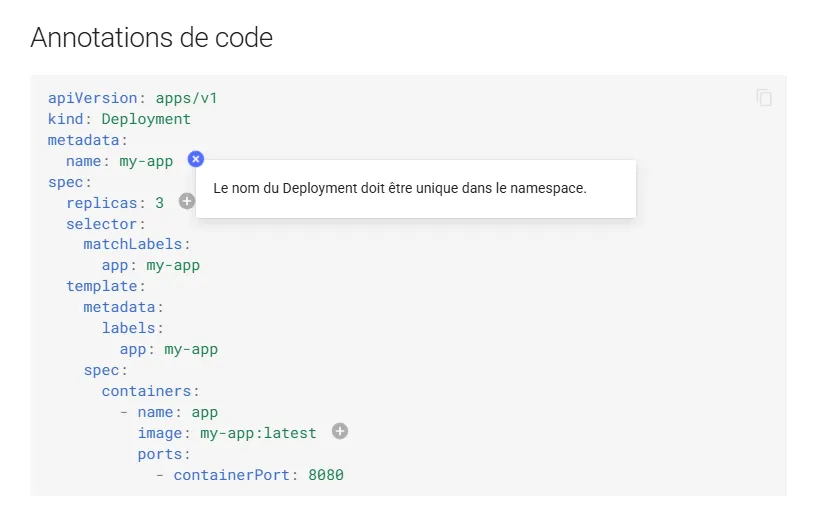Annotations de code : icônes numérotées avec bulles explicatives