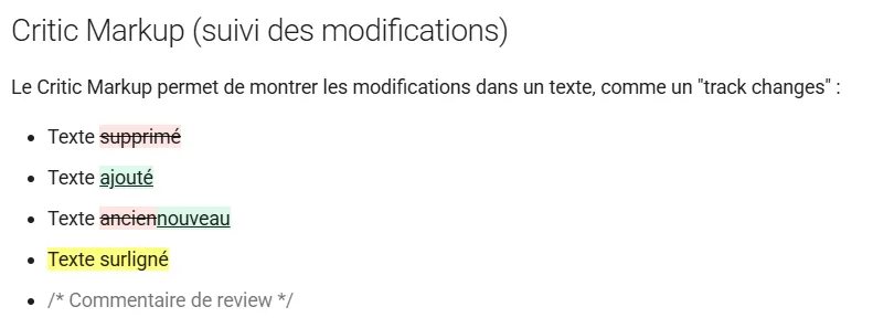 Formatage avancé : surlignage, touches clavier et Critic Markup