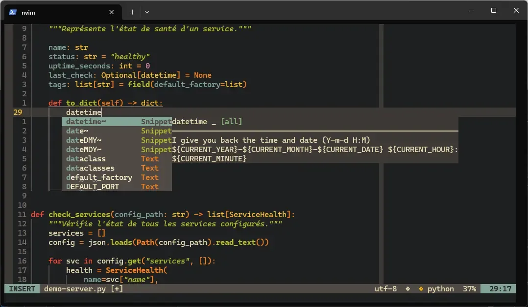 Autocomplétion LSP dans Neovim avec menu déroulant et documentation