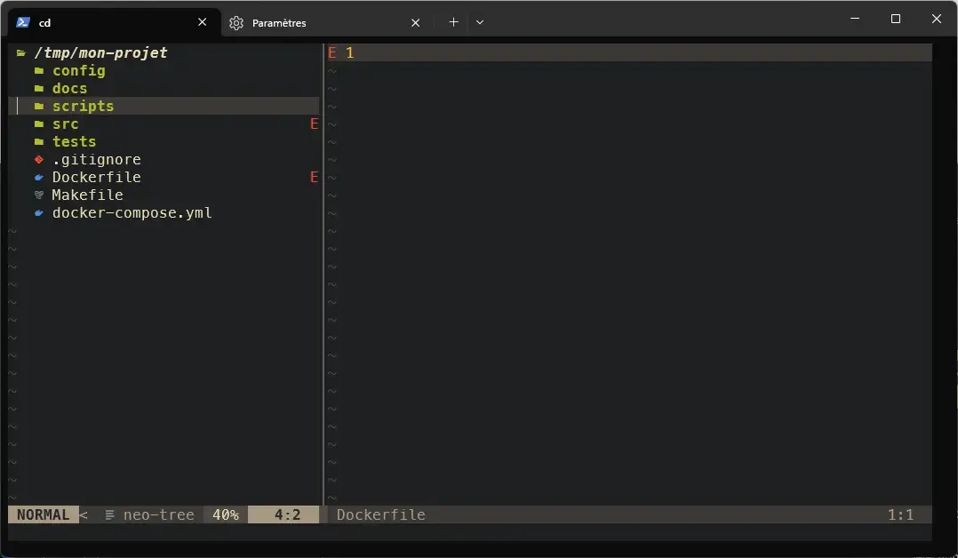 Neo-tree affichant l'arborescence du projet avec icônes et indicateurs Git