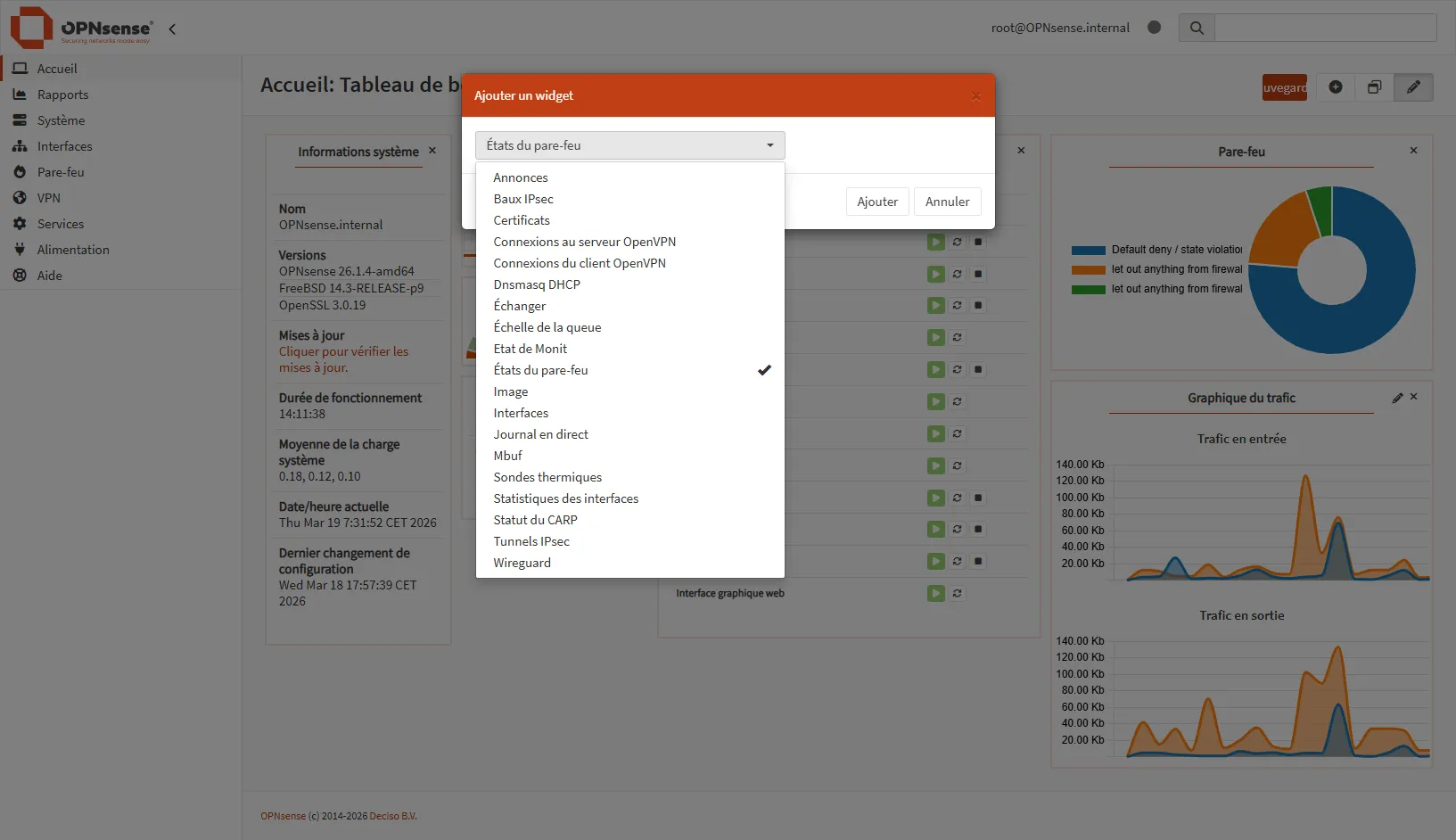 Capture d'écran du mode édition du dashboard avec le panneau de widgets