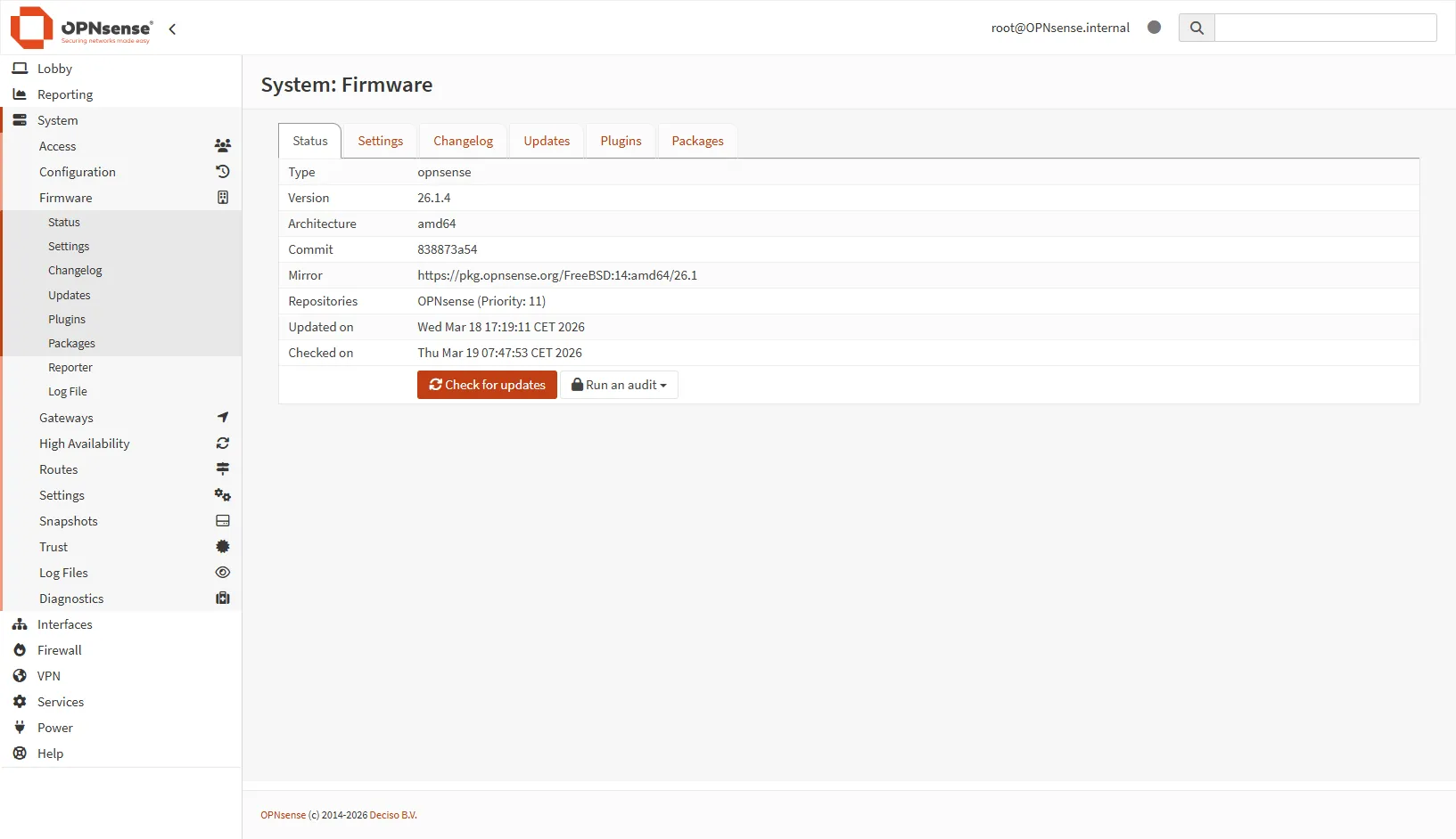 Capture d'écran de la page de statut des mises à jour