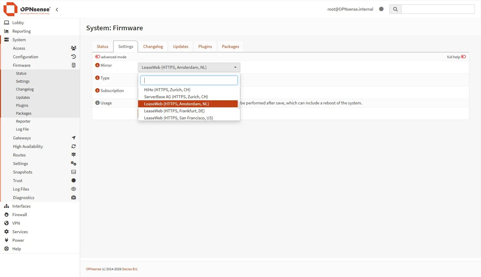 Capture d'écran de la sélection du miroir de mise à jour