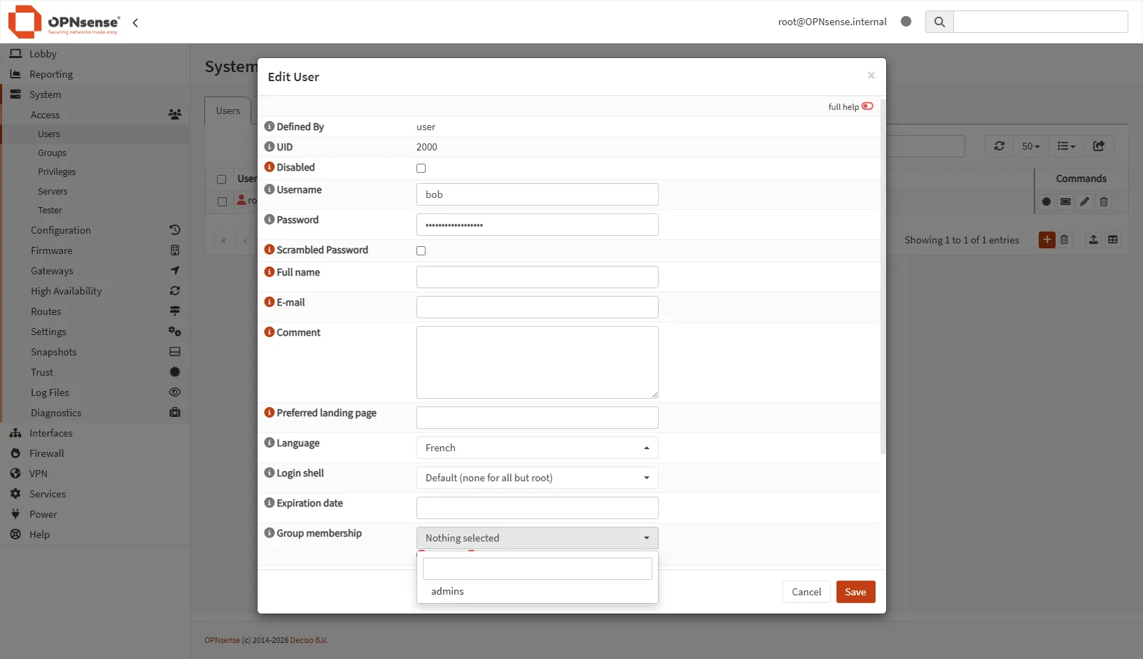 Capture d'écran du formulaire de création d'utilisateur