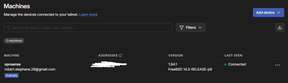 Capture d'écran de l'approbation des routes dans Tailscale Admin