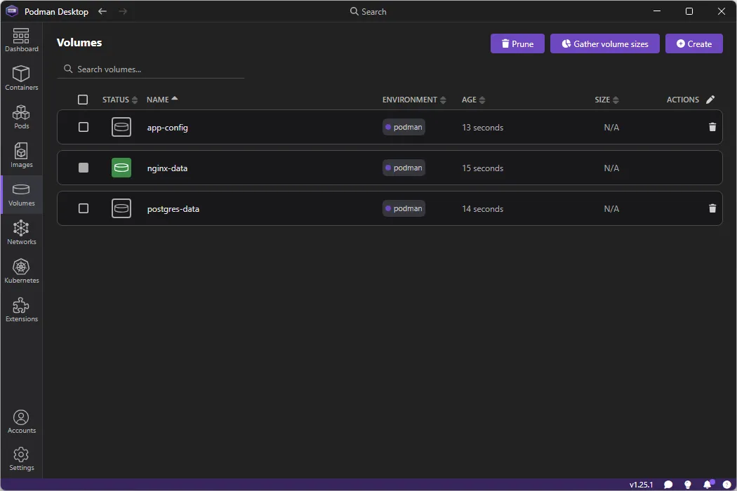 Liste des volumes dans Podman Desktop