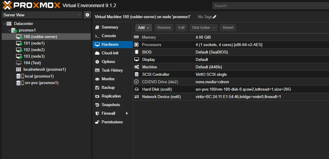 Écran Hardware d'une VM Proxmox