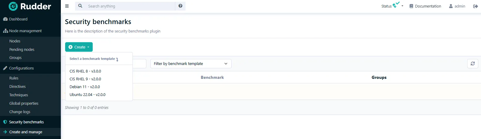 Sélection du benchmark CIS dans Rudder
