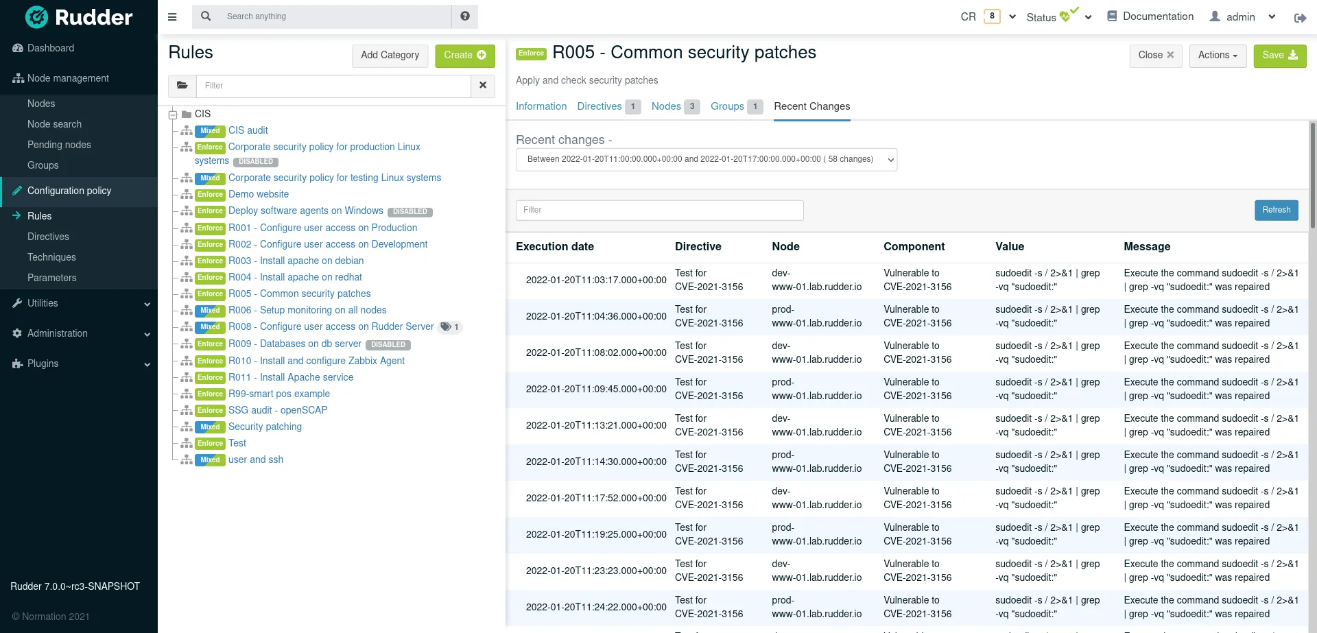 Historique des changements de compliance