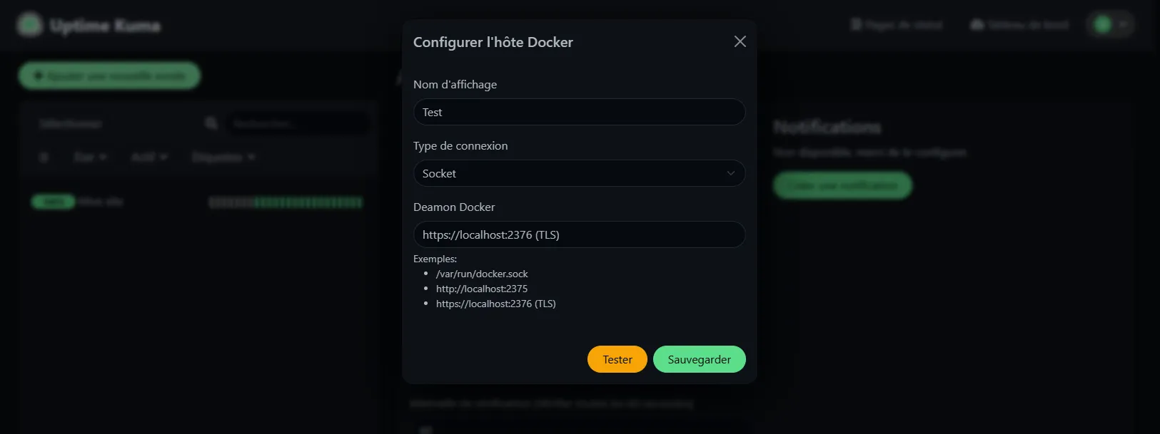 Page Settings Docker Hosts avec ajout d'un host