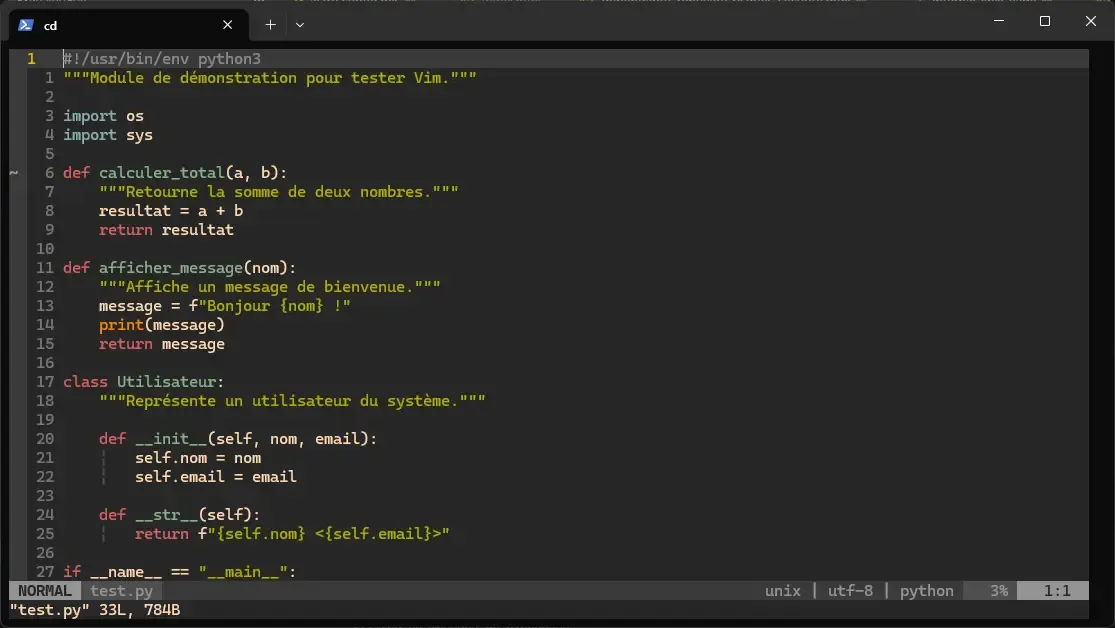 Vim avec le thème Gruvbox, coloration syntaxique Python et numéros de ligne