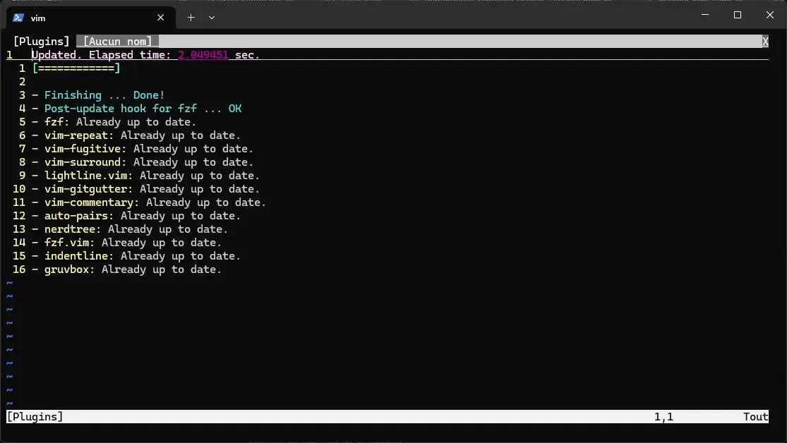 Installation des 12 plugins avec vim-plug — tous les plugins sont téléchargés en parallèle