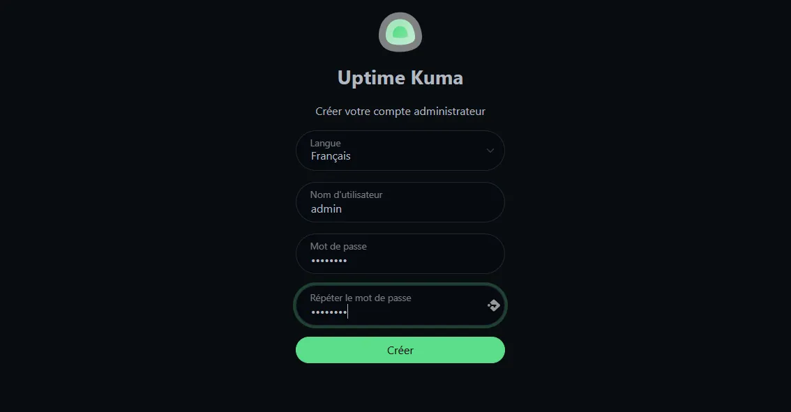 Formulaire de création du compte admin